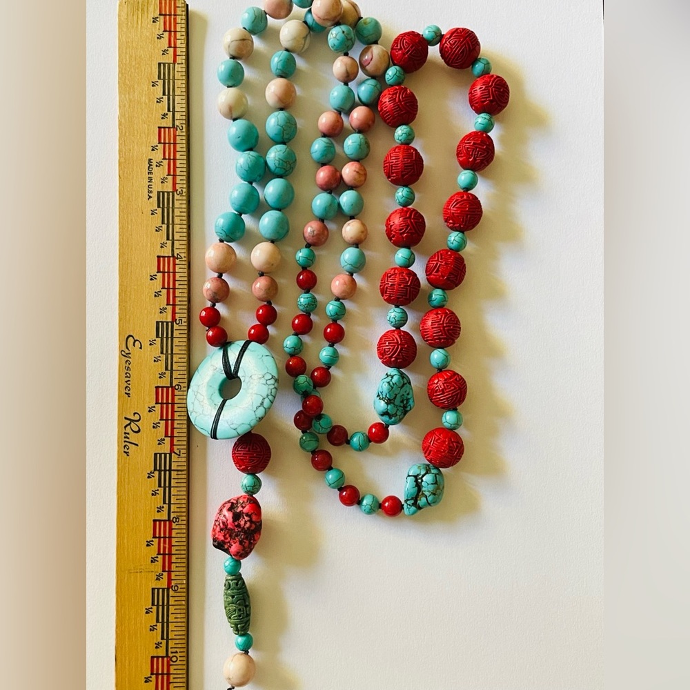 Knotted Beaded Necklace in Turquoise, Cinnabar & Peach Stones, mala style - Picture 7 of 7
